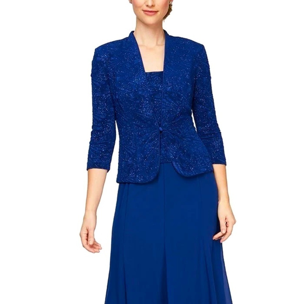 NWT ALEX EVENINGS Glitter Jacquard Knit Jacket Electric Blue 8